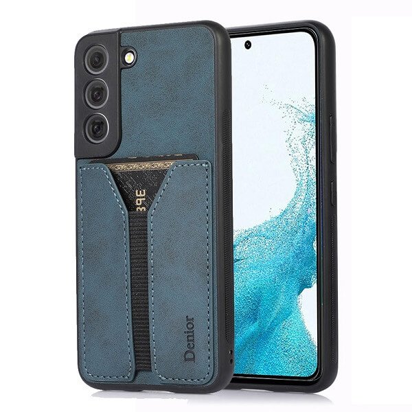 Denior For Samsung Galaxy S22 Leather Case with Elastic Wallet Card Holder Slot Pocket Cover - Blue Denior For Samsung Galaxy S22 Leather Case with Elastic Wallet Card Holder Slot Pocket Cover - Blue